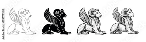Set of four ancient criosphinx illustrations with a ram head, lion body, and wings, rendered in outline, silhouette, engraving, and dotwork graphic styles
