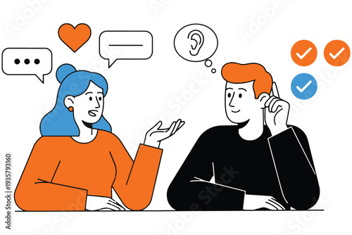 A man and woman having a conversation with speech bubbles and checkmarks indicating effective communication