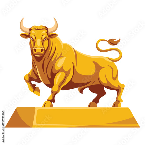 Golden bull standing on gold bar symbolizing financial growth and bullish market trends conceptual finance illustration for investment themes