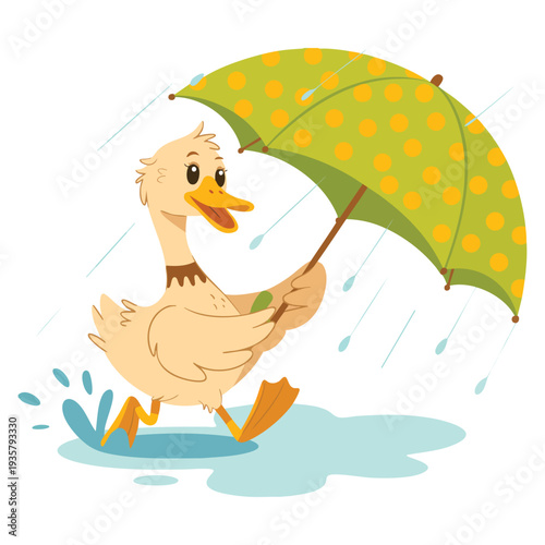 Goose with umbrella vector illustration cute animal character holding umbrella suitable for rainy day theme