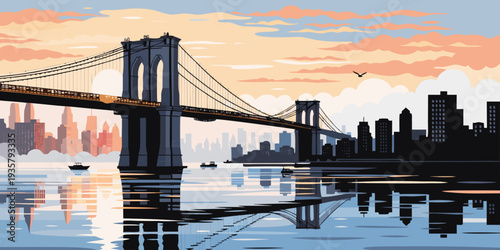 USA, US, U.S, United States - Brooklyn Bridge Sunrise with Soft Morning Fog – Ultra‑Wide Panoramic Minimalist Flat Vector Illustration | New York City USA Scenic Art