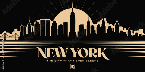 USA, US, U.S, United States - Luxury Black & Gold New York Skyline Silhouette – Ultra‑Wide Vector Poster Design | NYC USA Modern Cityscape Art