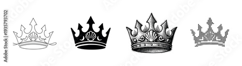Set of four black royal crowns with a central seashell detail, illustrated in different graphic styles including simple line art, solid silhouette, detailed engraving, and a dotted pattern