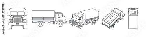 Set of military cargo truck line drawings showing various perspectives including front, side, top, and isometric views in a clean, technical blueprint style illustration