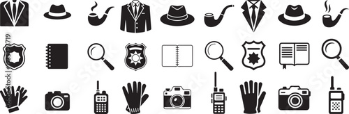 A collection of black silhouette icons representing detective and investigation tools arranged on a white surface
