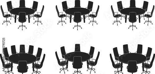 Round conference table and office chair silhouettes collection, corporate boardroom meeting furniture layout, workplace interior teamwork concept illustration