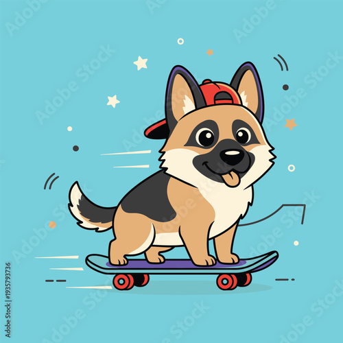 Cute German shepherd dog riding a skateboard cartoon vector illustration