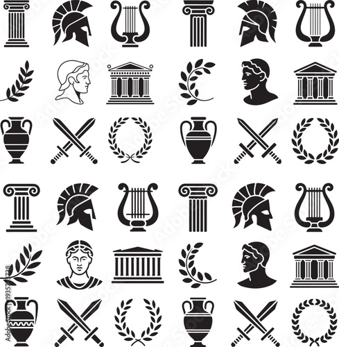 A comprehensive grid of ancient Roman and Greek symbols, including columns and warrior helmets