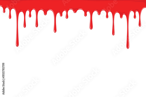A red liquid dripping down a white background with a bold and vibrant effect