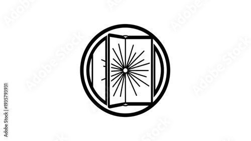 Abstract geometric representation of an open book with radiating light lines