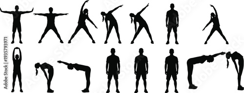Exercise stretching silhouettes collection, fitness warm up poses set, men and women workout flexibility training vector illustration