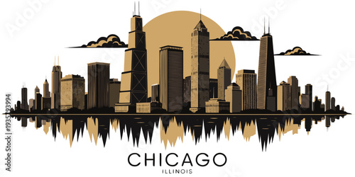 USA, US, U.S, United States - Luxury Black & Gold Chicago Skyline – Ultra‑Wide Panoramic Vector Poster Design | Illinois USA Modern Cityscape Art