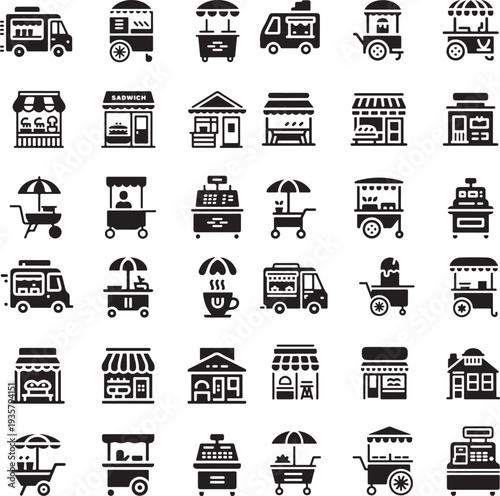 A diverse grid of market stalls, food trucks, and cashier register icons