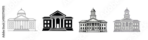 Set of four government building icons in various graphic styles including line art, silhouette, engraving, and dotted pixel art representing classical architecture