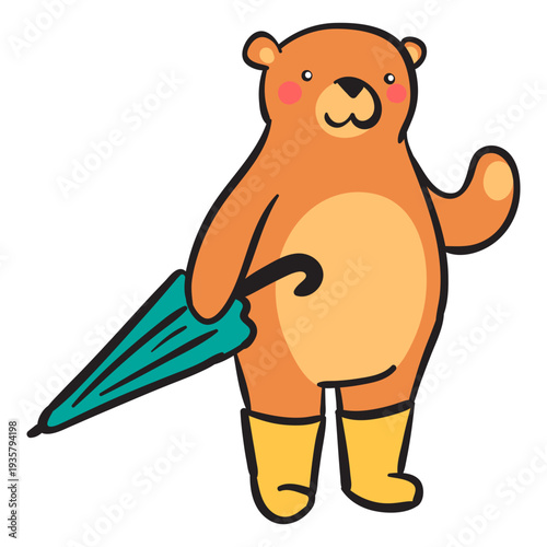 Cute brown bear carrying umbrella
