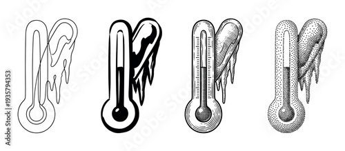 Collection of four icy thermometers showing cold temperatures, rendered in diverse black and white graphic styles from simple line art and solid shapes to detailed engraving and stippling