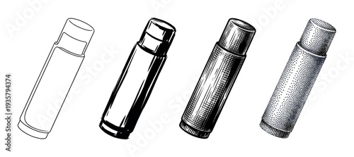 Four lip balm stick illustrations showing different artistic techniques from simple line art and ink sketch to detailed hatching and stippling in a graphic black and white style