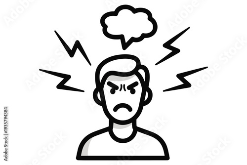 A cartoon man with an angry expression and a thought bubble above his head, indicating frustration or annoyance.