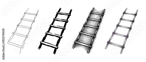 Collection of four hand-drawn ladders showcasing diverse illustration styles from simple line art and bold ink to detailed engraving and stippling dotwork art