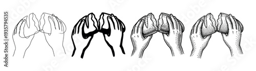 Four different styles of praying hands illustrations showcasing a collection of artistic techniques from minimalist line art and stippling to vintage engraving and bold ink