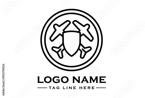 A minimalist line art logo featuring a shield surrounded by crossed planes within a circle on a white background with a tagline, representing joint forces emblem.