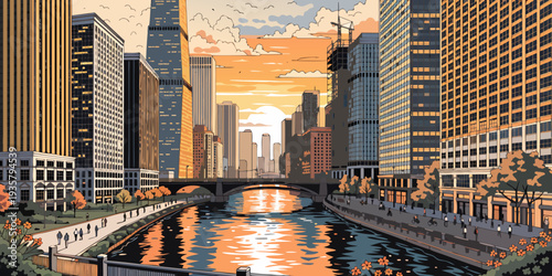USA, US, U.S, United States - Chicago Riverwalk Sunset with Golden Reflections Between Skyscrapers – Ultra‑Wide Panoramic Flat Vector Banner | Illinois USA Modern Cityscape Art