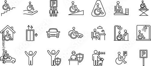 Accessibility icon set featuring wheelchair users on ramps elevators and stairs with parking and shower symbols isolated on white background for inclusive design
