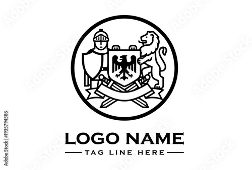 A black and white logo featuring a knight with a shield and a lion on either side of a coat of arms with joint forces emblem on a clean white background.