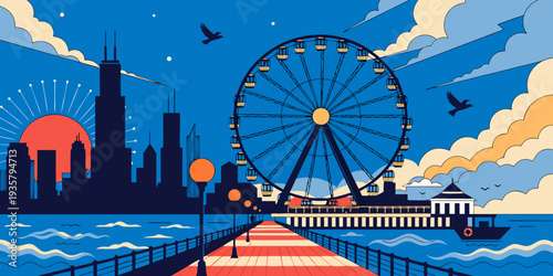 USA, US, U.S, United States - Navy Pier Ferris Wheel at Dusk with Glowing Lights – Ultra‑Wide Cinematic Flat Vector Illustration | Chicago Illinois USA Waterfront Art