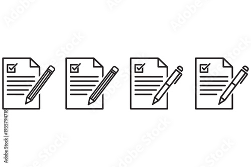 A simple black and white illustration of four checklist icons with pencils on a clean white background
