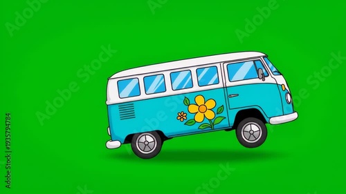 Cartoon van rotating on green background