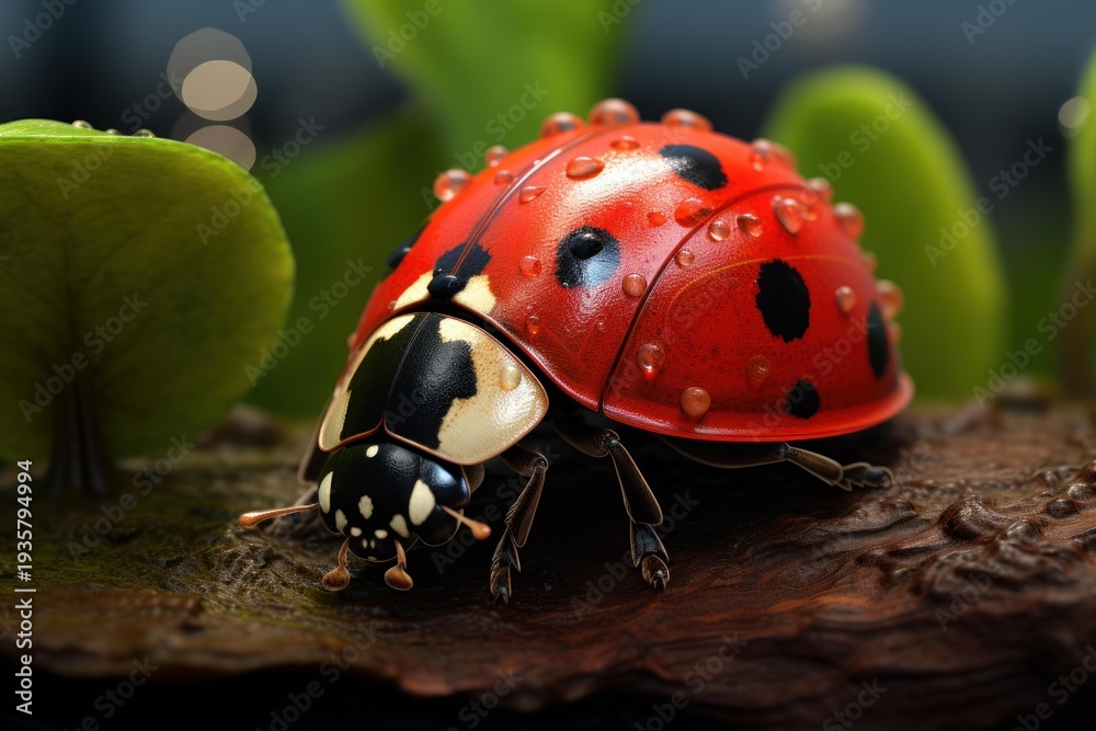 Fototapeta premium Ladybug walking on a textured organic surface, surrounded by green leaves