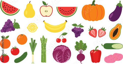 Colorful Fruit and Vegetable Icon Set Featuring Watermelon, Pumpkin, Eggplant, Banana, Apple, Grapes, Tomato and Fresh Produce for Healthy Food and Nutrition Design