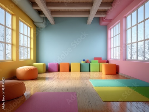 Bright room with colorful cushions and rugs. Wooden floor, exposed beams, and large windows. Pastel walls with yellow, pink, and blue accents. Soft, natural light fills the space