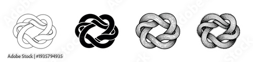 Set of four abstract interwoven knot symbols presented in various graphic styles including simple outline, solid silhouette, detailed engraving, and stippled texture