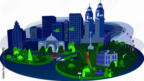 Stylized illustration of a futuristic cityscape with prominent towers and green spaces