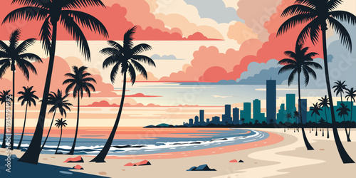 USA, US, U.S, United States - Miami Beach Sunset with Palm Tree Silhouettes & Pastel Sky – Ultra‑Wide Panoramic Flat Vector Illustration | Florida USA Tropical Coastal Art