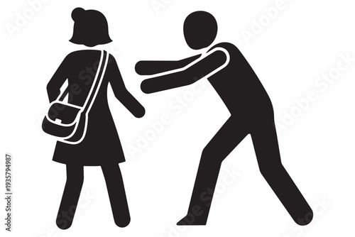A black silhouette illustration of a man attempting to rob a woman.