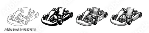 Four go-kart illustrations in a set of distinct black and white artistic styles, showcasing a progression from simple line art to detailed engraving and stippling