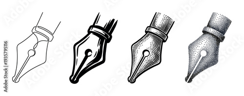 Set of four fountain pen nibs illustrated in various artistic styles, including minimalist one-line, bold ink, classic hatching, and detailed stippling dotwork
