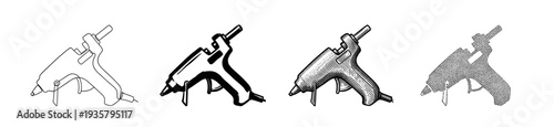 Set of four hot glue gun illustrations in different graphic styles including line art, silhouette, engraving, and stippling for a creative concept