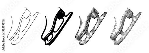Set of four ice skate blades illustrated in different graphic styles, including simple outline, solid silhouette, detailed engraving, and stippling or pointillism