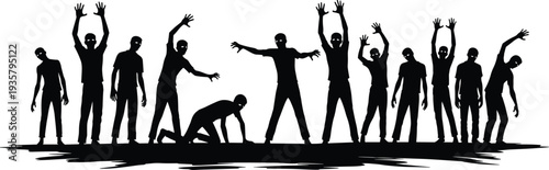 Black and white silhouettes of spooky zombies walking and reaching for Halloween horror designs creepy undead monsters group for apocalyptic and scary themes.