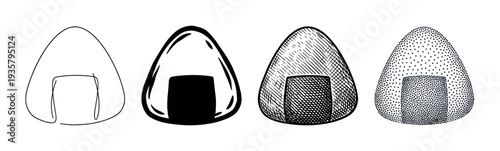Onigiri rice ball illustration collection showing four different black and white styles from simple outline and silhouette to detailed engraving and stippling art
