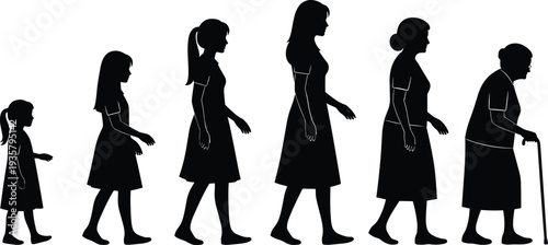 Aging process of woman silhouette from childhood to old age showing girl teenager adult lady and grandmother with walking stick on white background