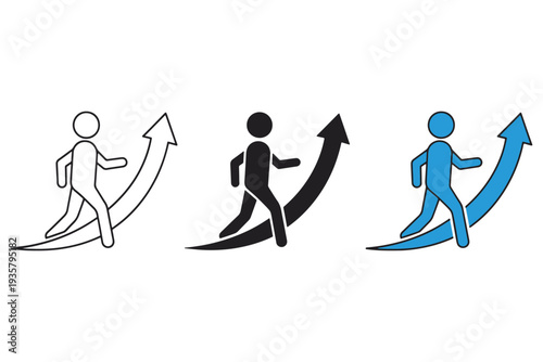 Three stick figures running up arrows in black, white, and blue colors, symbolizing growth and progress.