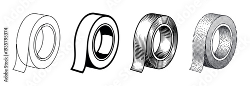 Four adhesive tape rolls in different artistic styles showing a progression from simple line art to a detailed stippled illustration, presented as a black and white graphic collection