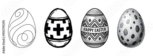 Four hand-drawn black and white Easter eggs with different ornamental patterns in a vintage engraving style illustration set for seasonal holiday celebration and design