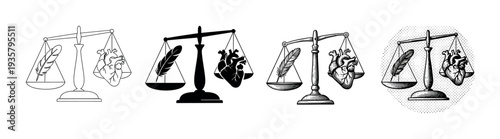 Set of four balance scales weighing a human heart against a feather, depicted in various artistic styles including line art, silhouette, engraving, and halftone for a symbolic concept