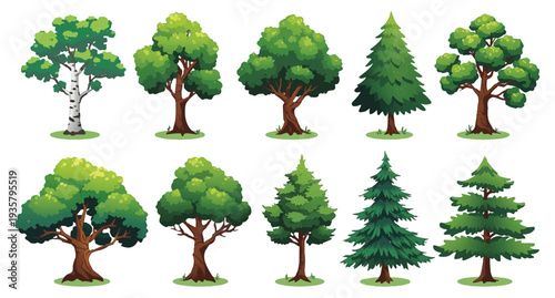  Collection of diverse trees with various shapes and sizes isolated on transparent background